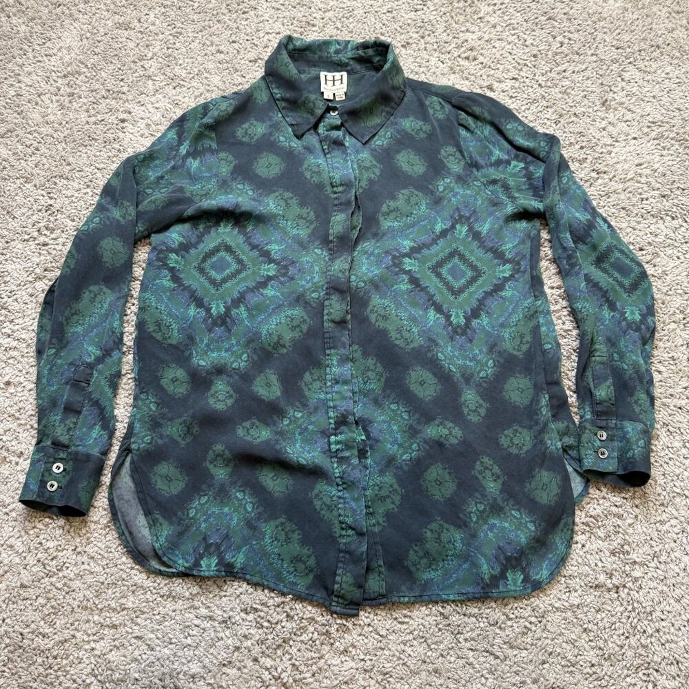 Haute Hippie Batik Diamond Print Silk Shirt Blouse Teal Size Small